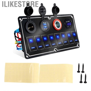 Ilikestore RV Rocker Switch Panel  Overload Protection Anodize Black 8 Gang Aluminum Alloy 2 Blue LEDs  5 Pin for Ships