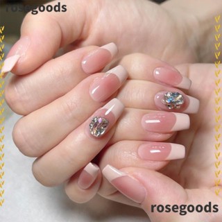 Rosegoods1 เล็บปลอม ประดับพลอยเทียม หัวสี่เหลี่ยม กันน้ํา ขนาดกลาง แบบเต็มเล็บ สไตล์ฝรั่งเศส สําหรับผู้หญิง