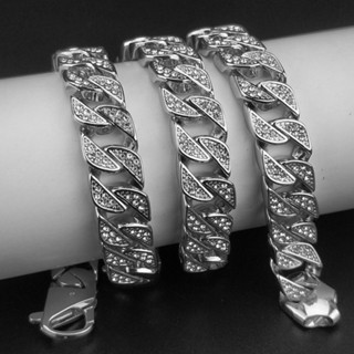 Cuban Necklace Luxury Shiny Hip Hop Link Chain Fashion Diamond Bracelet 12mm Width Inlaid Rhinestone LY