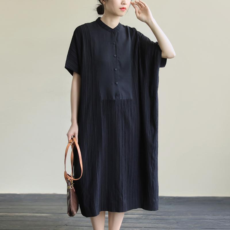 105 กก. สวมใส่ได้ขนาดบวกชุดสีดำฤดูร้อนแขนสั้นปุ่มปิดชุดหลวม