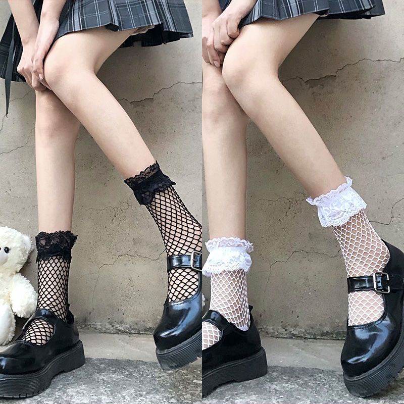 ถุงเท้า ผ้าตาข่าย แต่งลูกไม้ ระบายอากาศได้ดี สีดํา แฟชั่นฮาราจูกุ สไตล์สตรีท สําหรับผู้หญิง