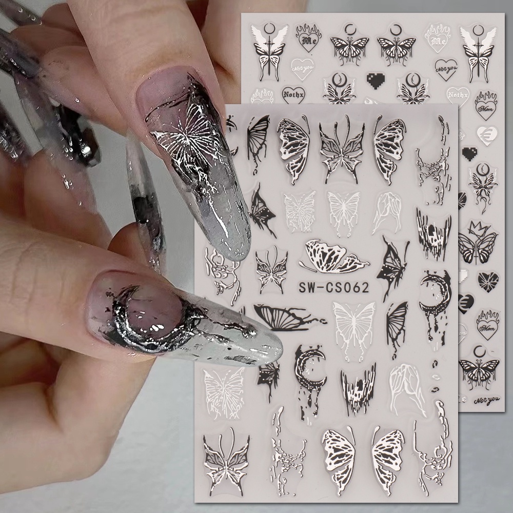 สติกเกอร์ฟอยล์ ลายผีเสื้อ ดวงจันทร์ หัวใจ 3D สีดําเข้ม สําหรับตกแต่งเล็บ SASW