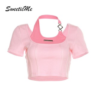 Sweeticme ใหม่ เสื้อยืดลําลอง แขนสั้น คอสี่เหลี่ยม เข้ารูป เซ็กซี่ สีตัดกัน แฟชั่นสําหรับสตรี 2023