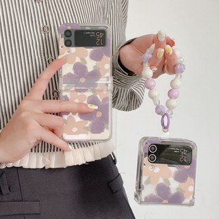 เคสโทรศัพท์ PC แบบแข็ง กันกระแทก ลายดอกไม้สีม่วง พร้อมสายโซ่คล้อง สําหรับ OPPO Find N2 Flip 5G Samsung Galaxy Z Flip 3 Flip 4 5G 3in1