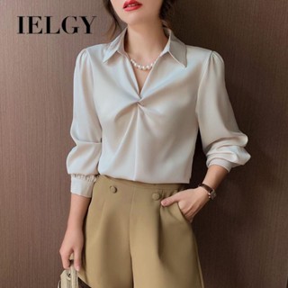 IELGY เสื้อเชิ้ตแขนยาว จับจีบ สีขาว สําหรับผู้หญิง