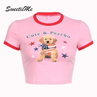 Sweeticme ใหม่ เสื้อยืดครอป คอกลม แขนสั้น พิมพ์ลาย สีตัดกัน ลําลอง แฟชั่นสําหรับผู้หญิง 2023