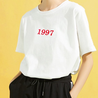 1997 Pattern Print Womens T-shirt Korean University Girls Top Short Sleeve Womens T-shirt เสื้อยืดคอกลม