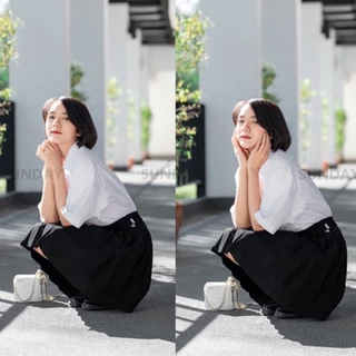 เสื้อนักศึกษาทรงบอย ทรงบอยแขนสามเหลี่ยม เสื้อเชิ้ตแขนสั้นสีทึบ พร้อมส่ง