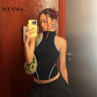 Weania ผู้หญิง ฤดูร้อน ยืน ปก ซิป สีบล็อก เปิดหลัง ครอป ถัง