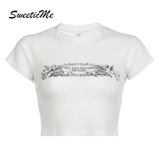 Sweeticme ใหม่ เสื้อยืดครอป คอกลม แขนสั้น พิมพ์ลาย ลําลอง ทรงสลิมฟิต แฟชั่นสําหรับผู้หญิง 2023