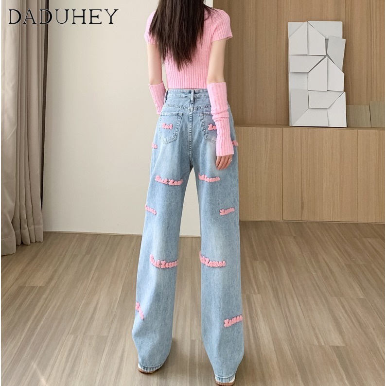 DaDuHey Women's New Summer American-Style Wide-Leg Jeans Design Sense Embroidered Letters Straight-Leg Pants Slim-Fit High Waist Pants