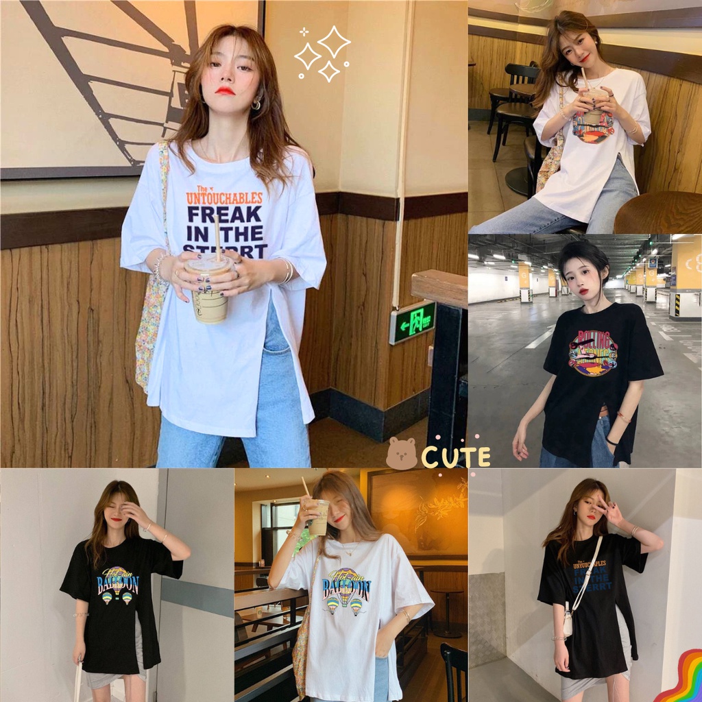 เสื้อสกรีนลาย oversize สไตล์เกาหลี น่ารัก ผ่าข้าง คอกลมแขนสั้น #C011