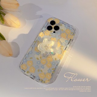 เคสโทรศัพท์มือถือแบบใส ลายดอกไม้ แต่งกลิตเตอร์ พร้อมที่ตั้งวาง สําหรับ iphone 14 13 14promax 11 12 14