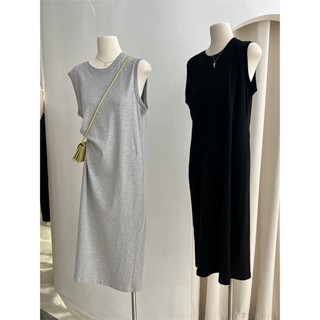 Gray vest t-shirt womens summer long style loose casual slim dress with sleeveless dress straight bottomed skirt