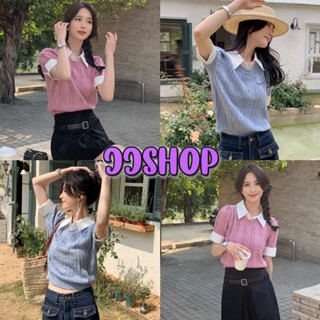 JJ shop 💜พร้อมส่ง เสื้อไหมพรมแขนสั้น เสื้อลายเปียคอปก 2ชั้นติดกัน "50062-3"