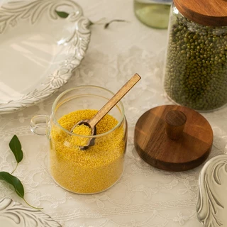 HERA ขวดโหลแก้ว ขวดใส่เครื่องปรุง พร้อมช้อน ฝาปิดไม้ Glass Seasoning Bottle with Spoon Airtight Food Storage Box Wooden Lid