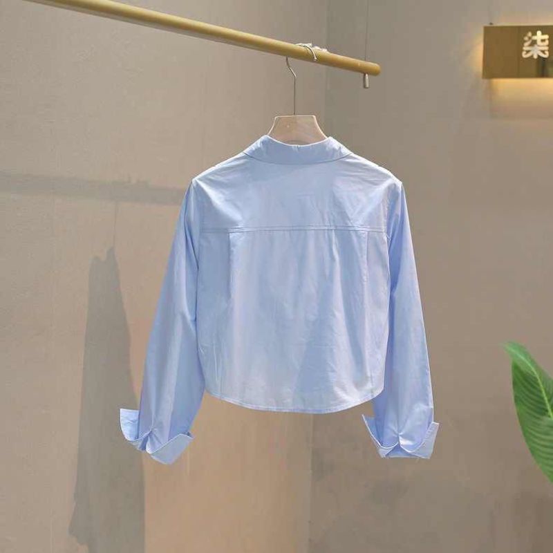 Breeze เวอร์ชั่นเกาหลีรุ่นสั้นสีทึบแขนยาวสันทนาการเสื้อเชิ้ตผู้หญิงท็อปส์
