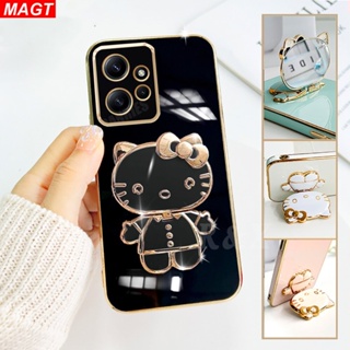 เคสโทรศัพท์มือถือชุบไฟฟ้า ลายการ์ตูนคิตตี้ พร้อมกระจกขาตั้ง สําหรับ Xiaomi Poco X5 5G F4 GT F3 Poco M4 Pro M3 Pro X3 GT X3Pro X3NFC Note 10 5G K40S Mi 11 Lite 12 Lite