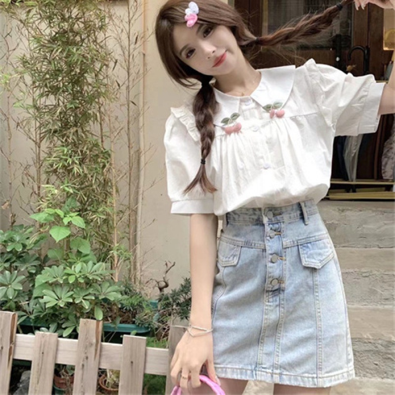 Gugu .L～เสื้อเชิ้ต เชอร์รี่ประกบกันปลอกคอตุ๊กตาแขนสั้นเสื้อเชิ้ต หวานและมีสไตล์สดชื่นน่ารักรุ่นสั้นเสื้อเชิ้ต#VL00433