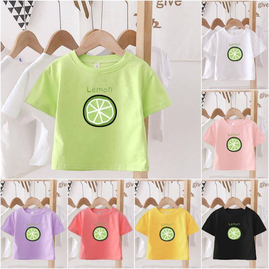 เสื้อยืดคอกลม แขนสั้น พิมพ์ลายการ์ตูนมะนาว สีพื้น สไตล์ญี่ปุ่น สําหรับเด็กผู้ชาย และเด็กผู้หญิง ไซซ์ 3-8 นิ้ว