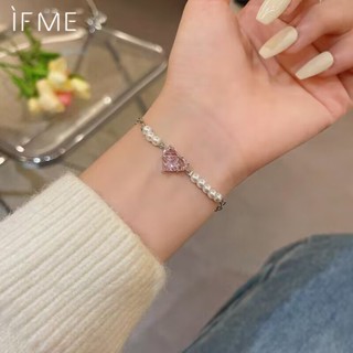 Ifme สร้อยข้อมือโซ่เงิน ประดับมุก เพทาย สีชมพู เรียบง่าย เครื่องประดับ สําหรับผู้หญิง