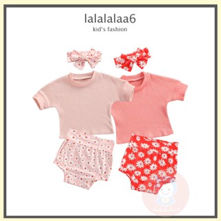 Laa6- เสื้อคอกลม แขนสั้น ผ้าถัก + กางเกงขาสั้น ลายดอกไม้ + ที่คาดผม สําหรับเด็กผู้หญิง