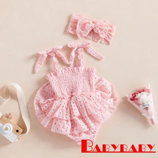 Babybaby- ทารก เด็กผู้หญิง สีพื้น กลวง ลูกไม้ โบ สลิง รอมเปอร์ + ที่คาดผม