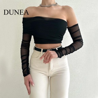 Dunea ใหม่ เสื้อยืด เปิดไหล่ แขนยาว สีพื้น สําหรับผู้หญิง