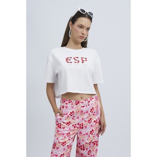 ESP เสื้อทีเชิ้ตทรงครอป ผู้หญิง สีขาว | Cropped Text Tee Shirt | 5898