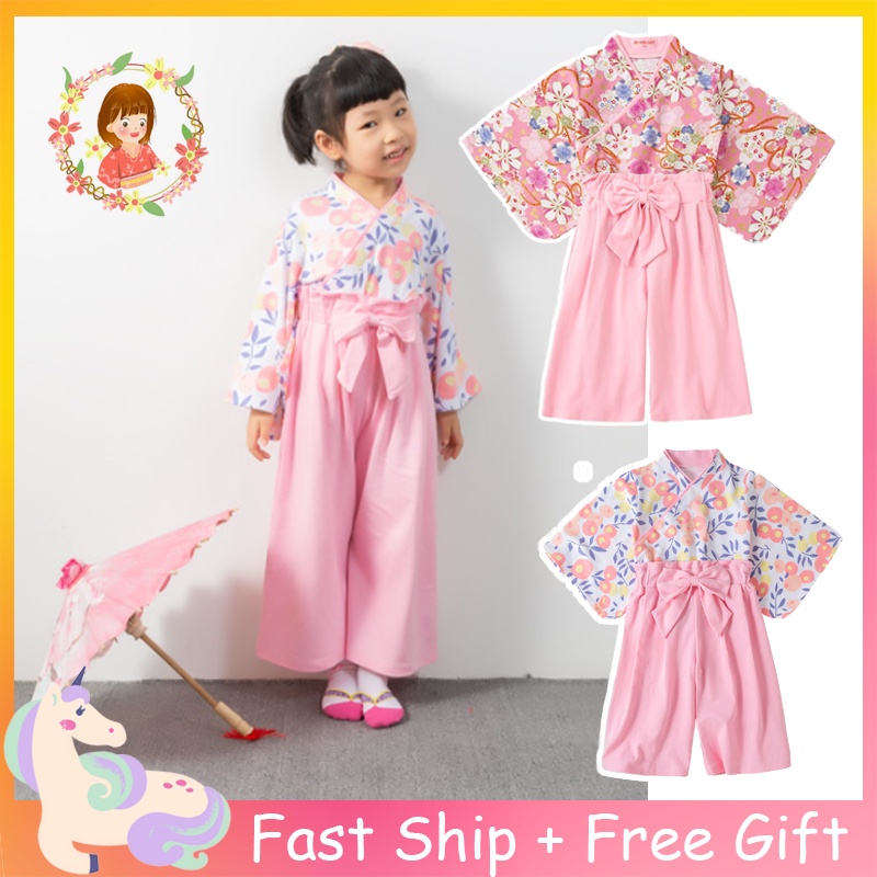 ชุดกิมิโน่ญี่ปุ่น สีชมพู ดอกไม้ Yukata สําหรับทารก ชุดลําลอง สําหรับเด็กผู้หญิง เด็กผู้หญิง ฮาโลวีน อะนิเมะ คอสเพลย์ ชุดนอน Terno