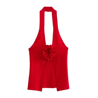 ขายส่ง เสื้อกั๊ก แขวนคอ ลายดอกไม้ สีแดง 2696