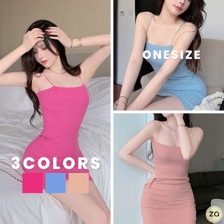 💥HOT SALE💥มินิเดรสสีสดใสผ้าคอตตอนยืด สายเดี่ยวเข้ารูป 3 สี