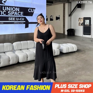 Plus size เสื้อผ้าสาวอวบ❤ เดรสสาวอวบอ้วน ไซส์ใหญ่ ผู้หญิง ชุดเดรสสายเดี่ยว ยาว แขนกุด คอเหลี่ยม สีดำ ฤดูร้อน สไตล์เกาหลีแฟชั่น