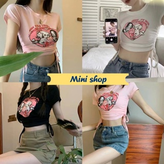 Mini shop🌸พร้อมส่ง🌸 (52166) เสื้อครอปไหมพรม แขนสั้น คอกลม สายรูด2ข้าง