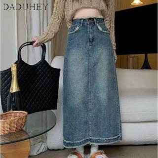 DaDuHey🎈 Korean Style New A-Line Retro Denim Skirt Womens Summer High Waist Hip Skirt Straight Loose Mid-Length Skirt