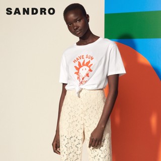 Sandro outlet เสื้อยืดแขนสั้น พิมพ์ลายดวงอาทิตย์ สีขาว สําหรับผู้หญิง SFPTS00798