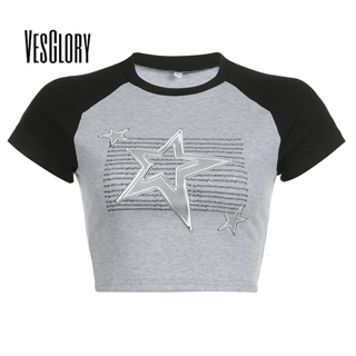 Vesglory เสื้อครอปท็อป คอกลม แขนสั้น พิมพ์ลายดาว สีตัดกัน สําหรับผู้หญิง 2023