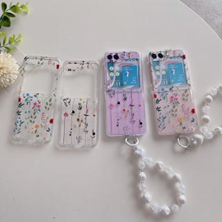 เคสโทรศัพท์มือถือ PC แบบแข็ง ลายดอกไม้เถาวัลย์ พร้อมสร้อยข้อมือ สีโปร่งใส สไตล์เกาหลี สําหรับ Samsung Z Flip 5 Z Flip5 Zflip5