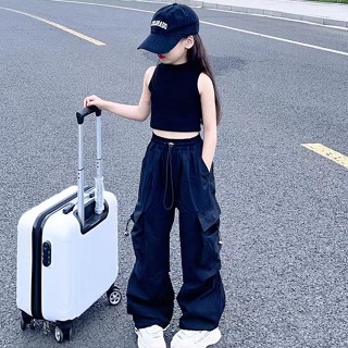 【กางเกงเด็กผู้หญิง】2023 ฤดูร้อนใหม่สาว Workwear กางเกงลำลองกีฬาร้อยหลวมแน่นเอว