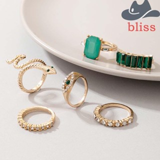 BLISS ชุดแหวนงู รูปหัวใจ ประดับพลอยเทียม สีเขียว สไตล์เกาหลีวินเทจ ของขวัญวันวาเลนไทน์