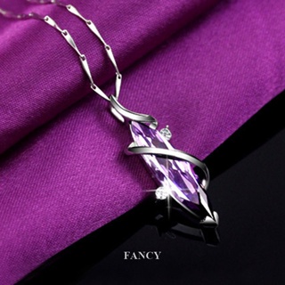 Fancy สร้อยคอสั้น จี้คริสตัล สีม่วง เครื่องประดับแฟชั่น สําหรับผู้หญิง