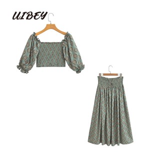 Uibey เสื้อคอสี่เหลี่ยม พิมพ์ลาย + กระโปรงยาวครึ่งตัว เอวสูง แฟชั่น 1521