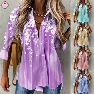 Women Autumn Fashion Floral Print V Neck Long Sleeve Button Casual Shirt Blouse