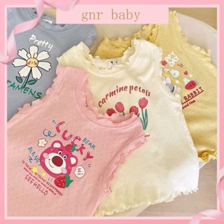 🍊GNR BABY🥑เสื้อกล้าม ผ้าฝ้าย ระบายอากาศได้ดี ลายหมีสตรอเบอร์รี่ สไตล์เจ้าหญิง สําหรับเด็กผู้หญิง อายุ 3-12 ปี