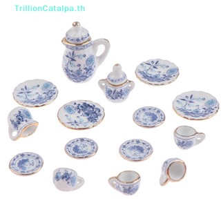 Trillioncatalpa ชุดถ้วยชาเซรามิค พอร์ซเลน ขนาดเล็ก 1:12 สําหรับบ้านตุ๊กตา 15 ชิ้น