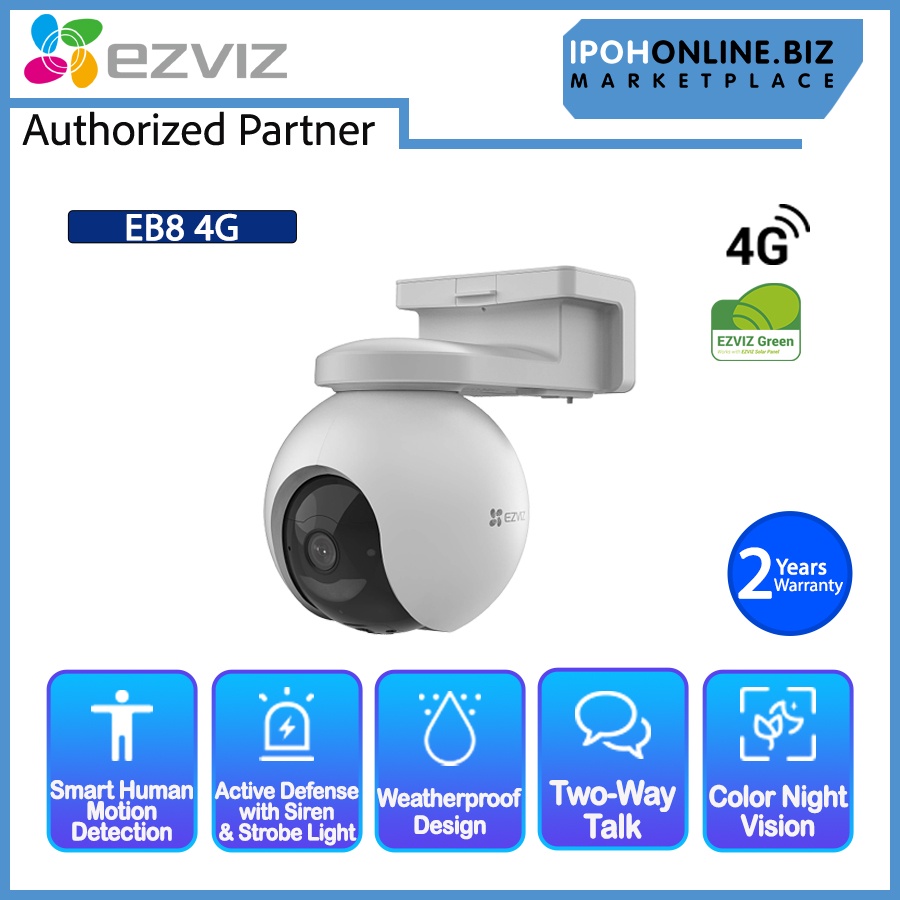 EZVIZ EB8 4G 2K 3MP Pan & Tilt 4G Network กล้องแบตเตอรี่บ้านอัจฉริยะ - Type C IpohOnline