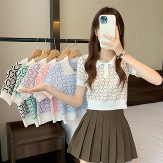 Lune_Grace.6A61#(พร้อมส่ง)เสื้อไหมพรมคอปกลายหัวใจ มีเทลกระดุมตรงกลาง เนื้อผ้าดีใส่สบาย​