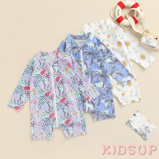 Kidsup1 ชุดว่ายน้ําวันพีช แขนยาว มีซิปด้านหน้า ลายปะการัง ต้นมะพร้าว ดวงอาทิตย์ พระจันทร์ สําหรับเด็กผู้ชาย ผู้หญิง