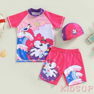 Kidsup1-เสื้อยืดคอกลม แขนสั้น พิมพ์ลายยูนิคอร์น กางเกงขาสั้น หมวก แฟชั่นฤดูร้อน สําหรับเด็กผู้หญิง 3 ชิ้น