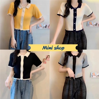 Mini shop🌸พร้อมส่ง🌸 (9489New) เสื้อไหมพรม ผผ้าร่องคอปก แขนสั้น คอปก มีกระดุมด้านหน้า